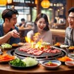 Three friends eating Korean barbecue