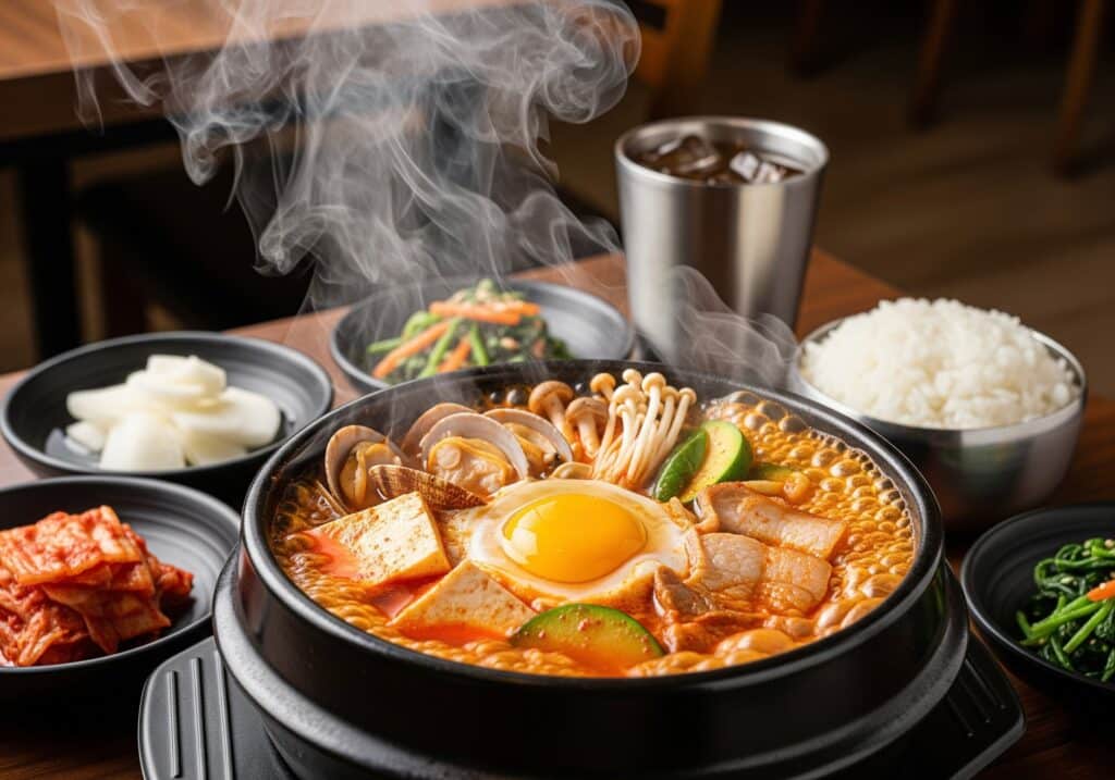 Spicy Korean Sundubu-jjigae Soft Tofu Stew with Seafood and a Raw Egg