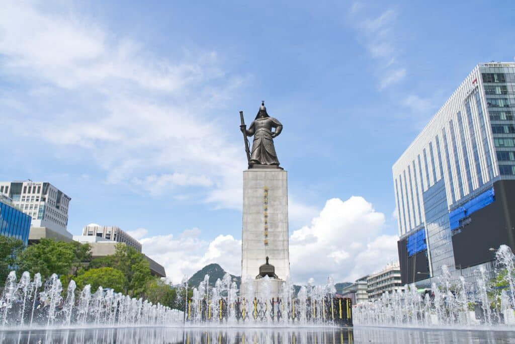 The 56-foot-tall (17-meter) bronze statue of Admiral Yi Sun-sin stands in Gwanghwamun Square in Seoul, South Korea
