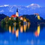 Lake Bled, Slovenia. Lake Bled with famous Bled Island and historic Bled Castle in the background.