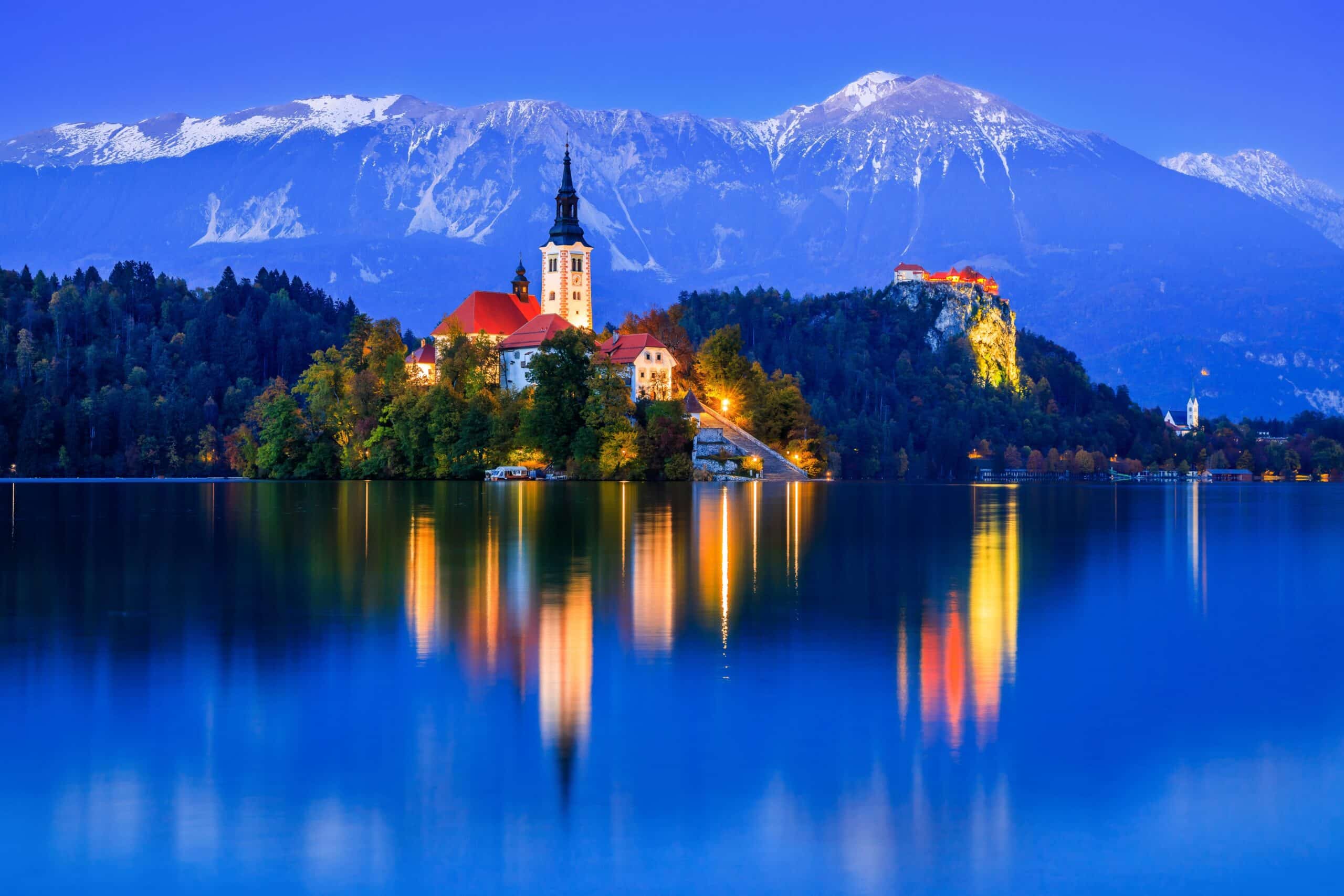 Lake Bled, Slovenia. Lake Bled with famous Bled Island and historic Bled Castle in the background.