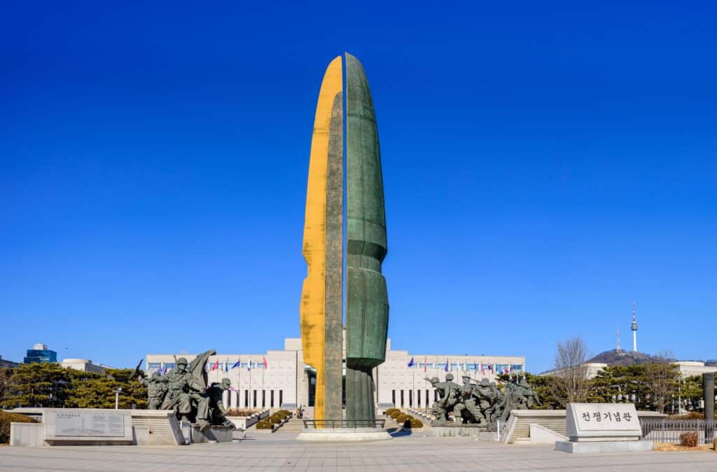 Winter view of The War Memorial of Korea, featuring military monuments and outdoor exhibition area under cold winter weather, representing Korean history, remembrance, and national heritage.
