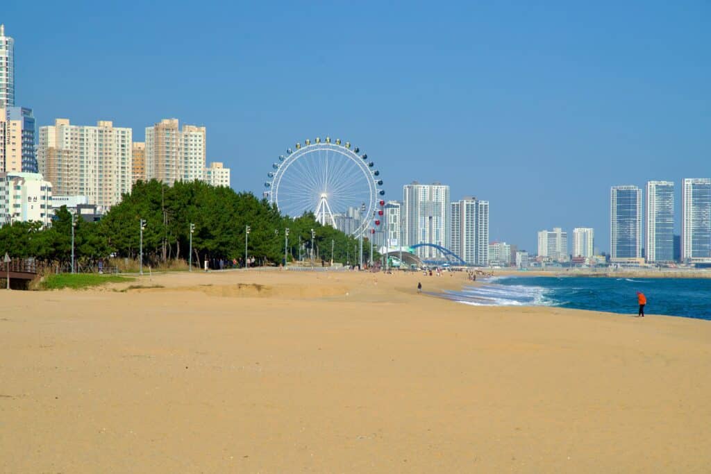 Coastal view of Sokcho Beach with city in South Korea