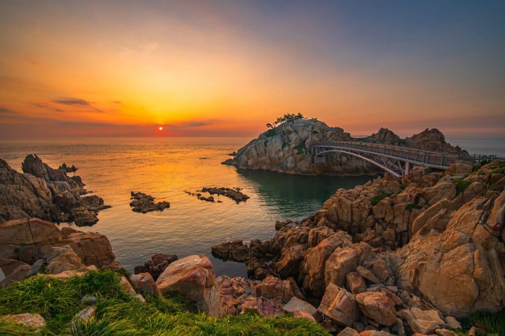 Scenic coastline at sunrise in South Korea