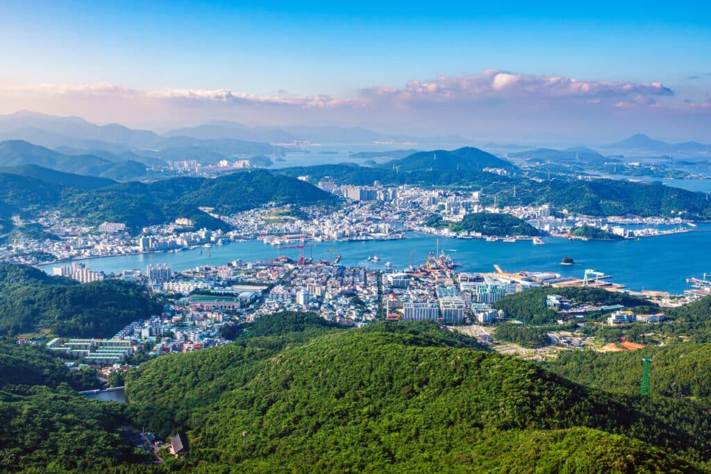Tongyeong city and harbor view from cable car South Korea