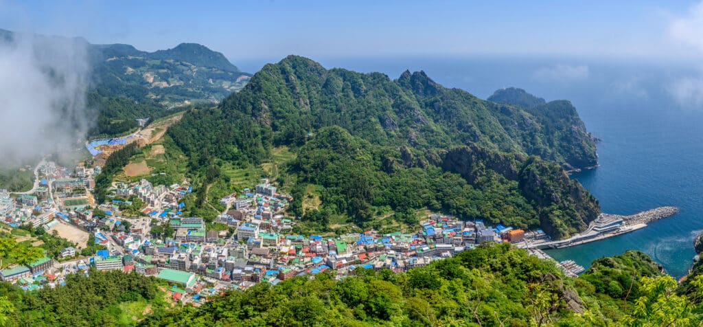 Coastal village and harbor on Ulleungdo island South Korea