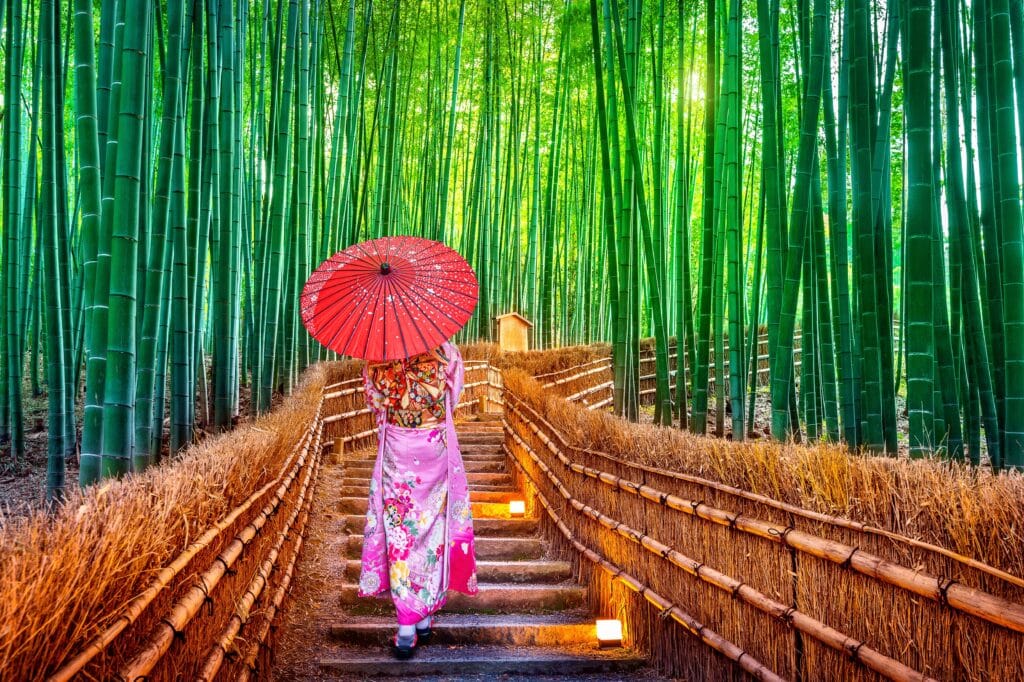 Person in kimono walking through Arashiyama bamboo grove Kyoto