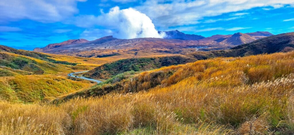 Aso-Kuju national park with volcanic hills and grasslands in Kyushu