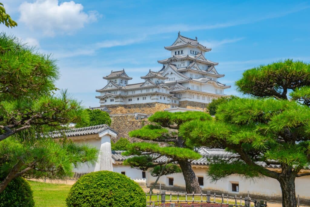 Himeji Castle surrounded by landscaped gardens in Japan