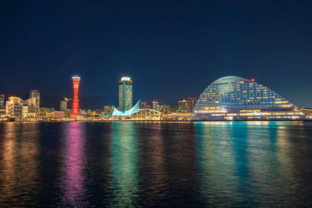 Kobe waterfront skyline and harbor lights at night in Japan