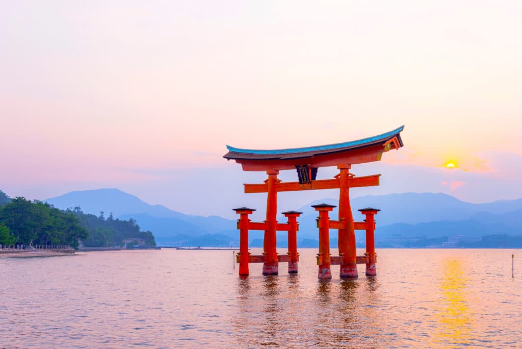 Itsukushima Shrine torii gate in the water at Miyajima, Japan
