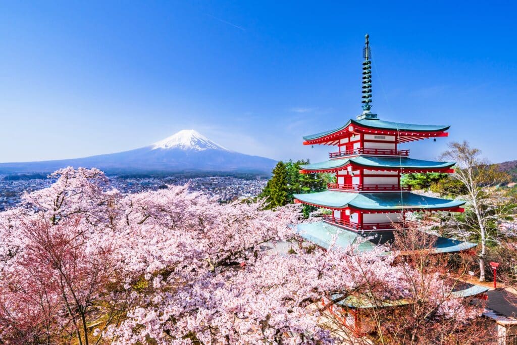 Chureito Pagoda with Mount Fuji and cherry blossoms in Japan