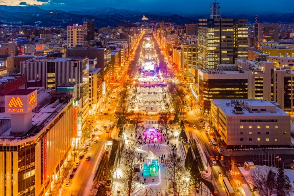Night view of Odori Park and central Sapporo in winter, Japan
