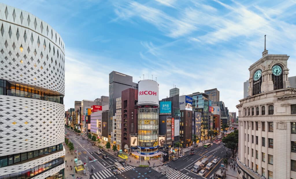 Ginza district Tokyo modern shopping street with architecture