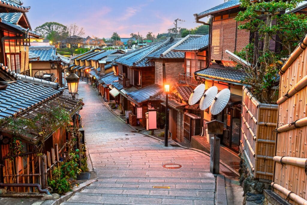 Traditional lantern-lit street in Gion Kyoto at night