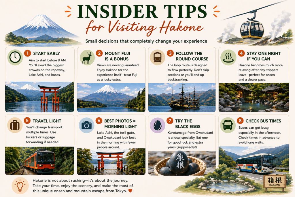 Insider tips for visiting Hakone including route advice, onsen tips, and best timing for fewer crowds