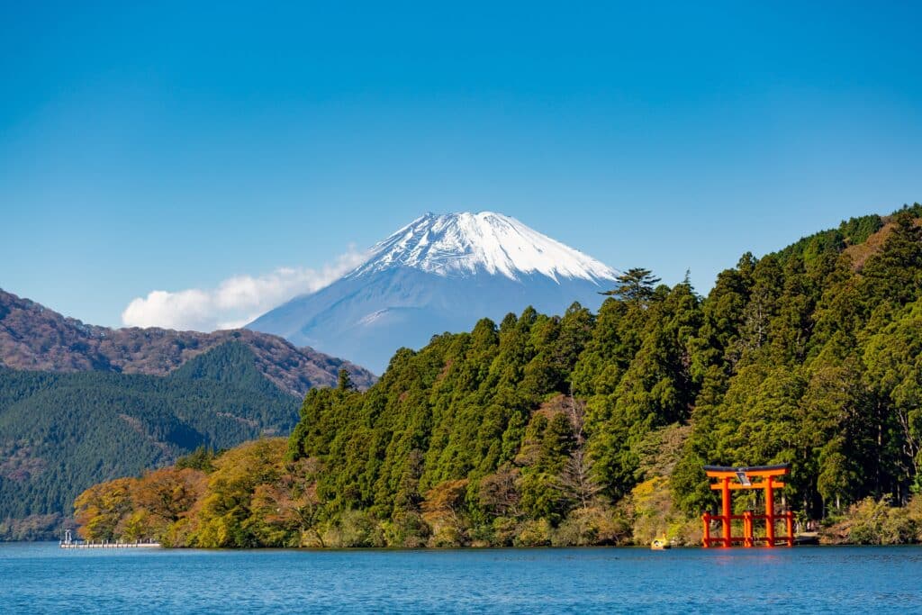 Lake Ashi torii gate with Mount Fuji in the background in Hakone