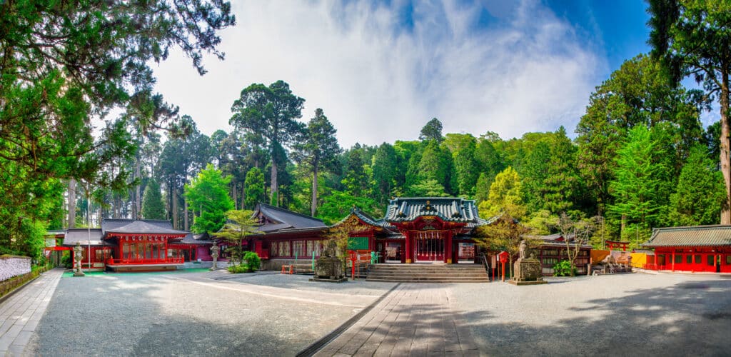 Hakone Shrine main buildings surrounded by forest in Hakone Japan