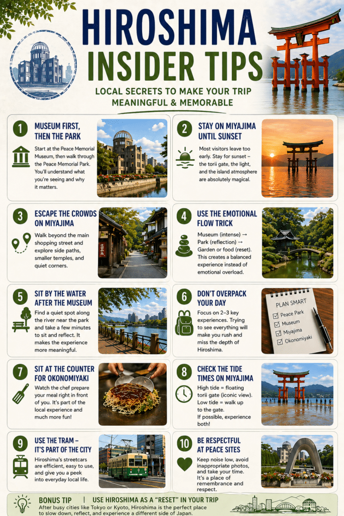Hiroshima insider tips infographic with Miyajima torii gate and travel advice