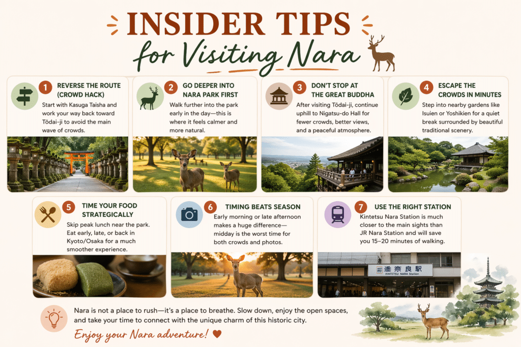 Insider tips for visiting Nara including route advice, deer tips, and best timing
