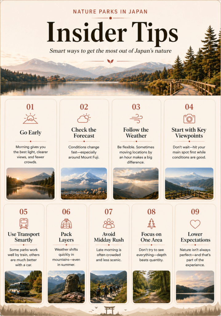 Insider tips for visiting nature parks in Japan infographic with travel advice
