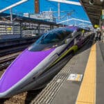 Shinkansen bullet train stopped at a station platform in Japan