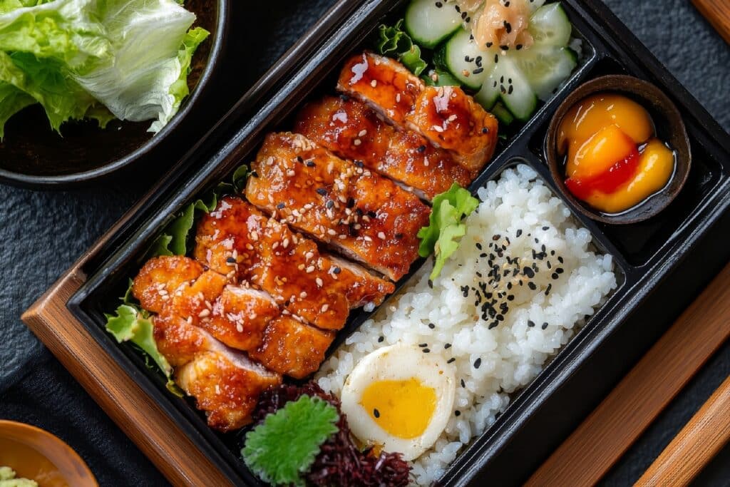 Japanese bento box with rice chicken vegetables and egg