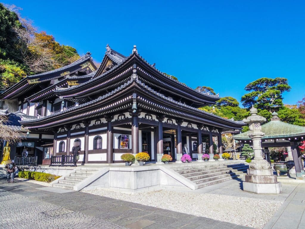 Traditional temple in Kamakura near Tokyo with wooden architecture and courtyard