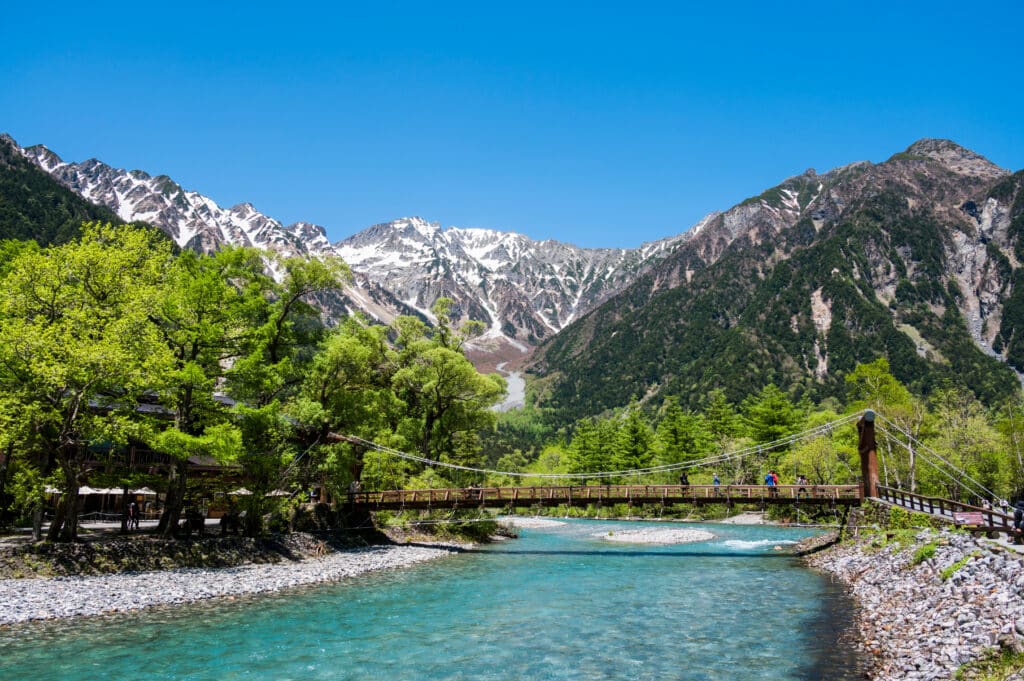 Kamikochi valley with clear river and mountains in the Japanese Alps