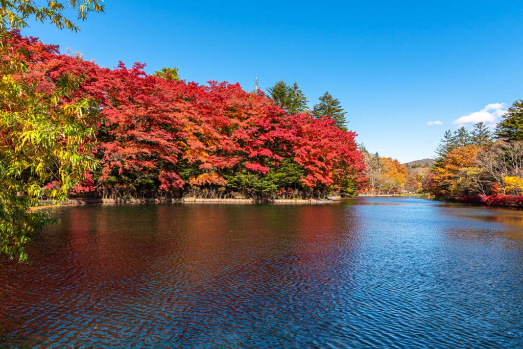 Karuizawa lake surrounded by autumn foliage and mountains in Japan