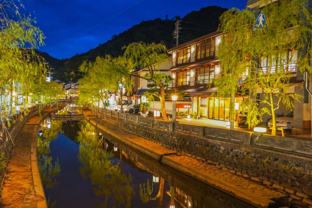 Kinosaki Onsen canal at night with illuminated ryokan and willow trees