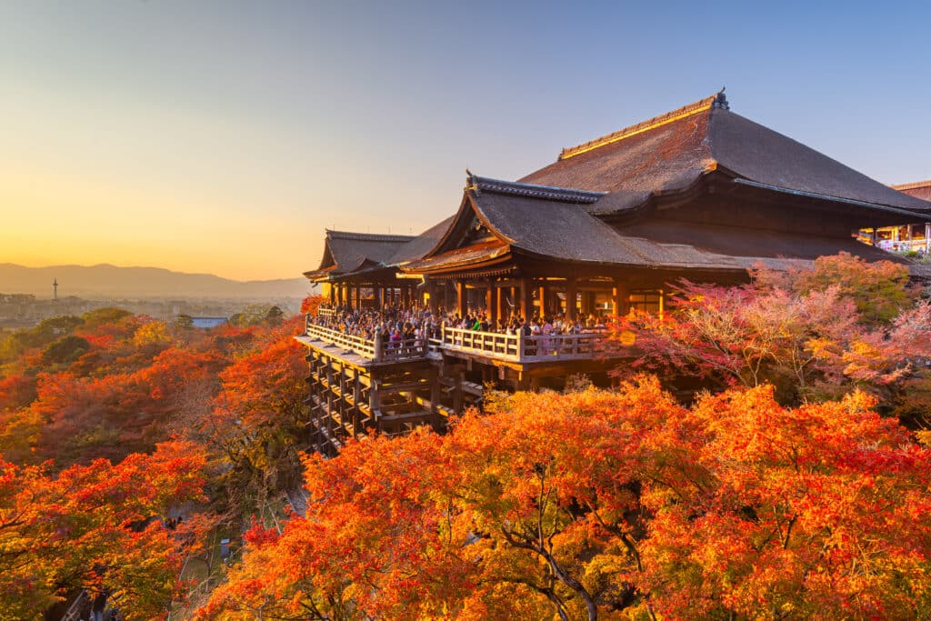 Kiyomizu-dera temple overlooking Kyoto with autumn foliage