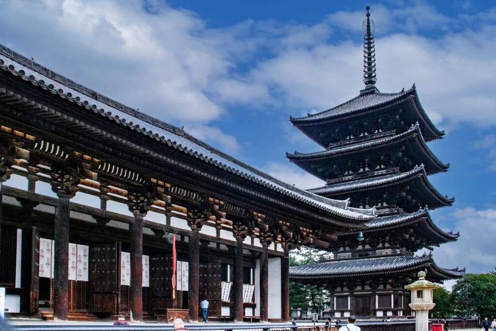 Five story pagoda of Kofuku-ji temple in Nara with traditional wooden architecture