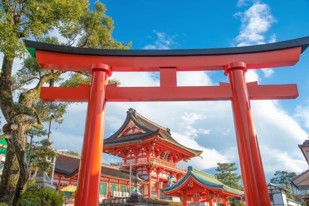 Red torii gate at shrine in Kyoto Japan