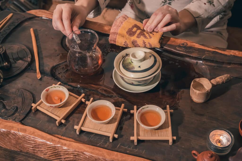 traditional Japanese tea ceremony setup with cups and teapot in Kyoto