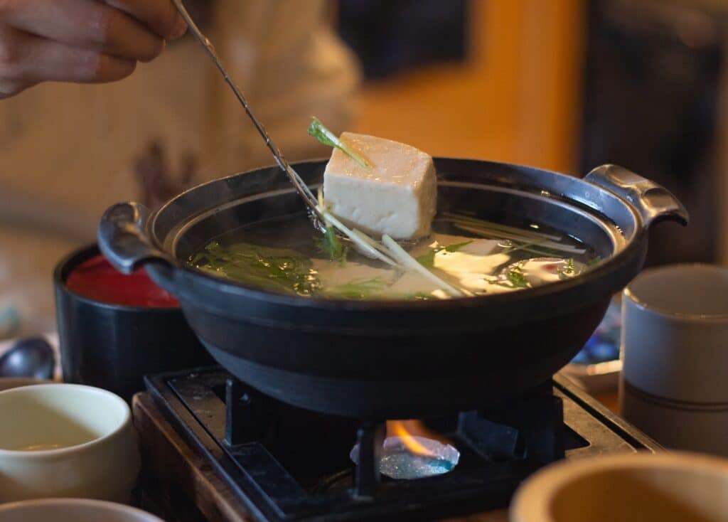 Traditional yudofu tofu hot pot dish in Kyoto