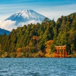 Torii gate on Lake Ashi with Mount Fuji in the background in Hakone