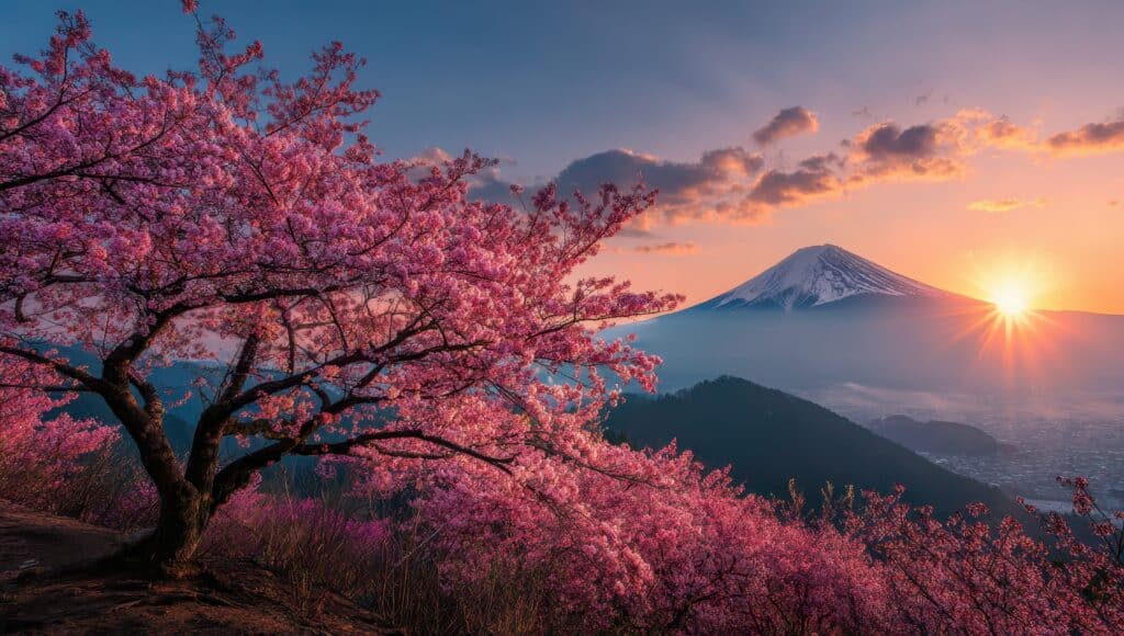 Mount Fuji with cherry blossoms at sunrise in spring