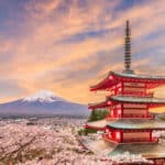 Chureito Pagoda with Mount Fuji during evening light and cherry blossoms