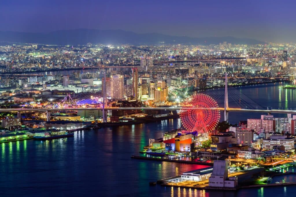 Osaka Bay skyline at night with Tempozan Ferris Wheel illuminated