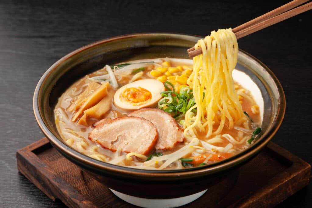 Japanese ramen noodle soup with pork egg and vegetables