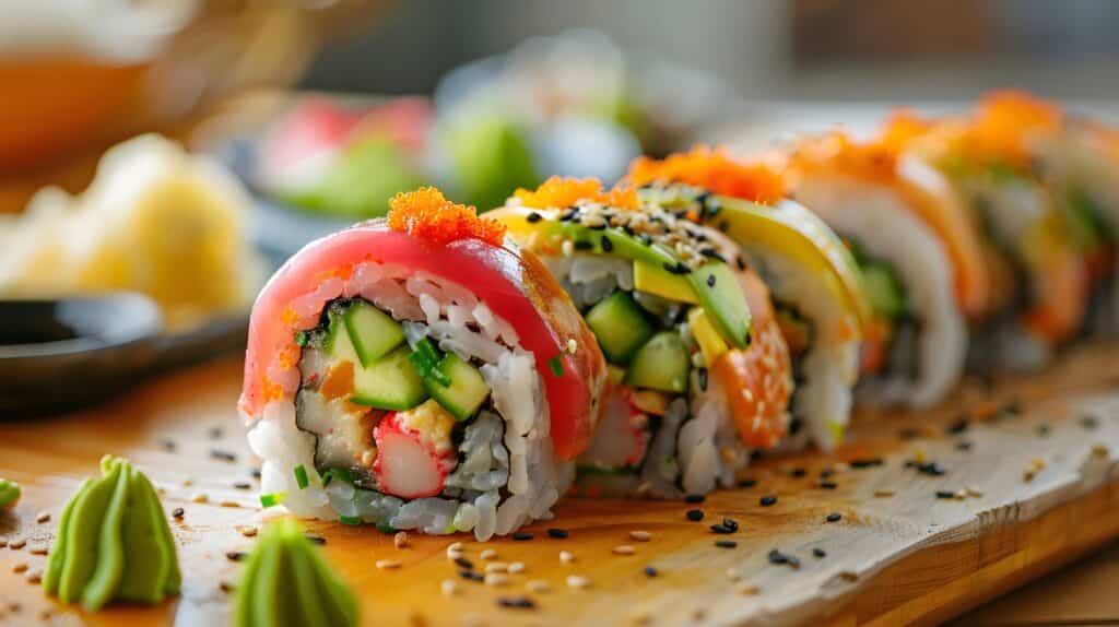 Colorful sushi rolls with fresh fish avocado and rice