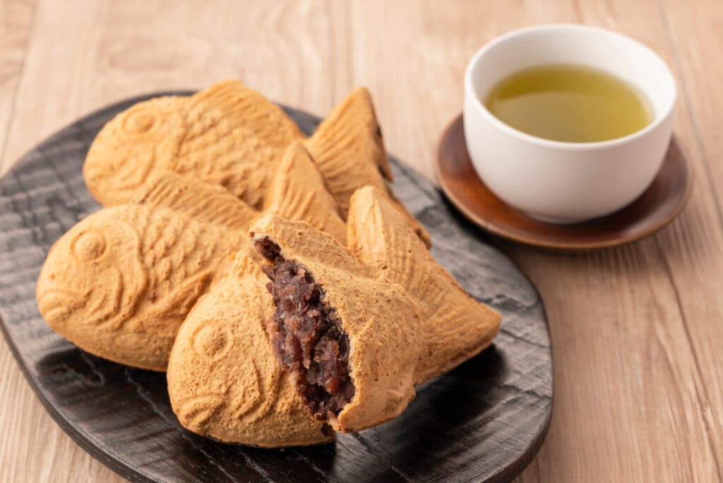 Taiyaki fish-shaped cake filled with sweet red bean paste