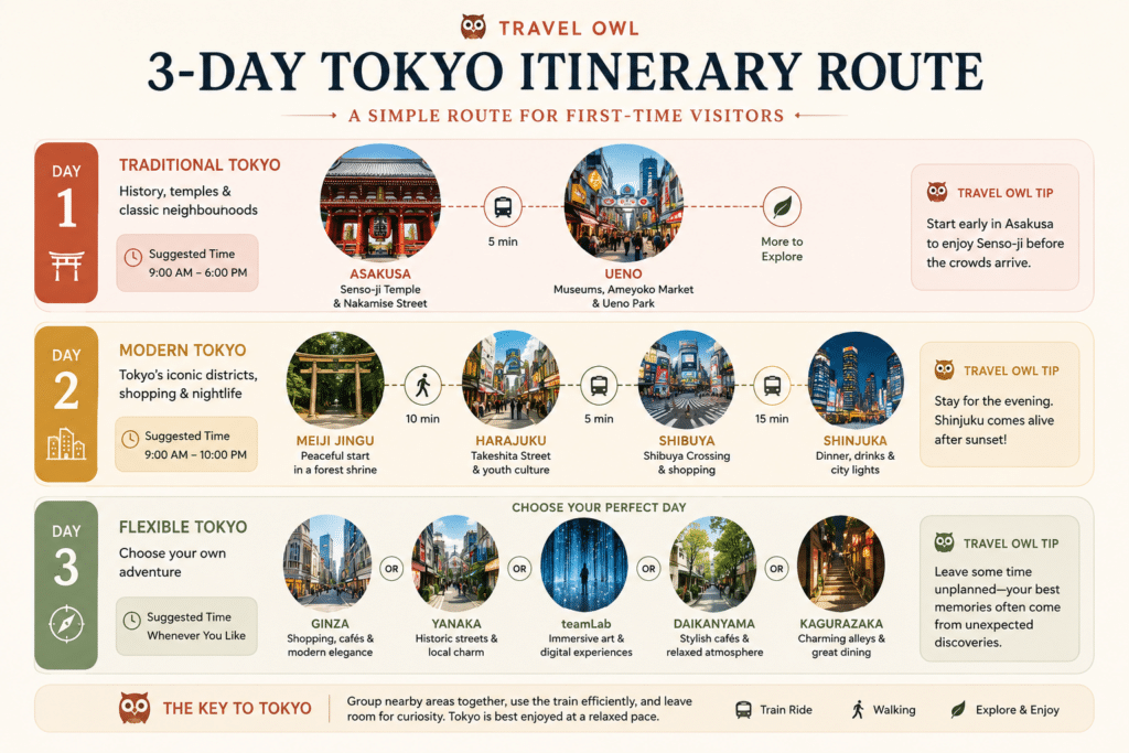 3-day Tokyo itinerary for first-time visitors showing Asakusa, Ueno, Harajuku, Shibuya, Shinjuku, and flexible exploration options