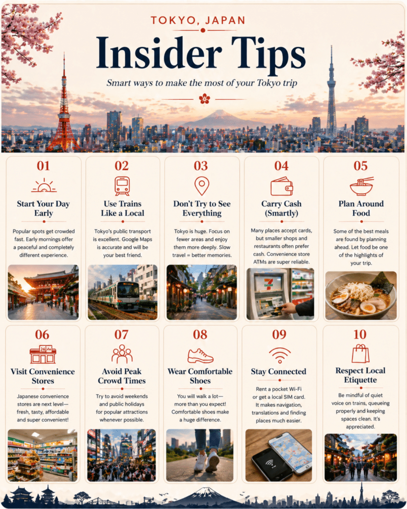 Tokyo insider tips infographic with practical travel advice for first-time visitors