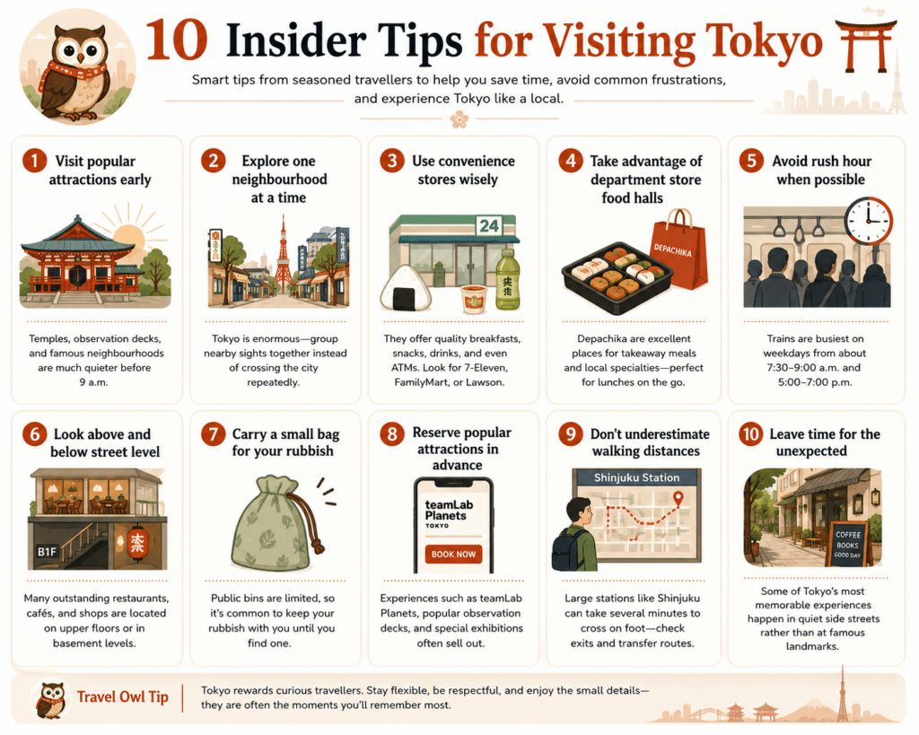 Tokyo insider travel tips infographic for first-time visitors with practical advice on transport, etiquette, sightseeing, walking, and local experiences
