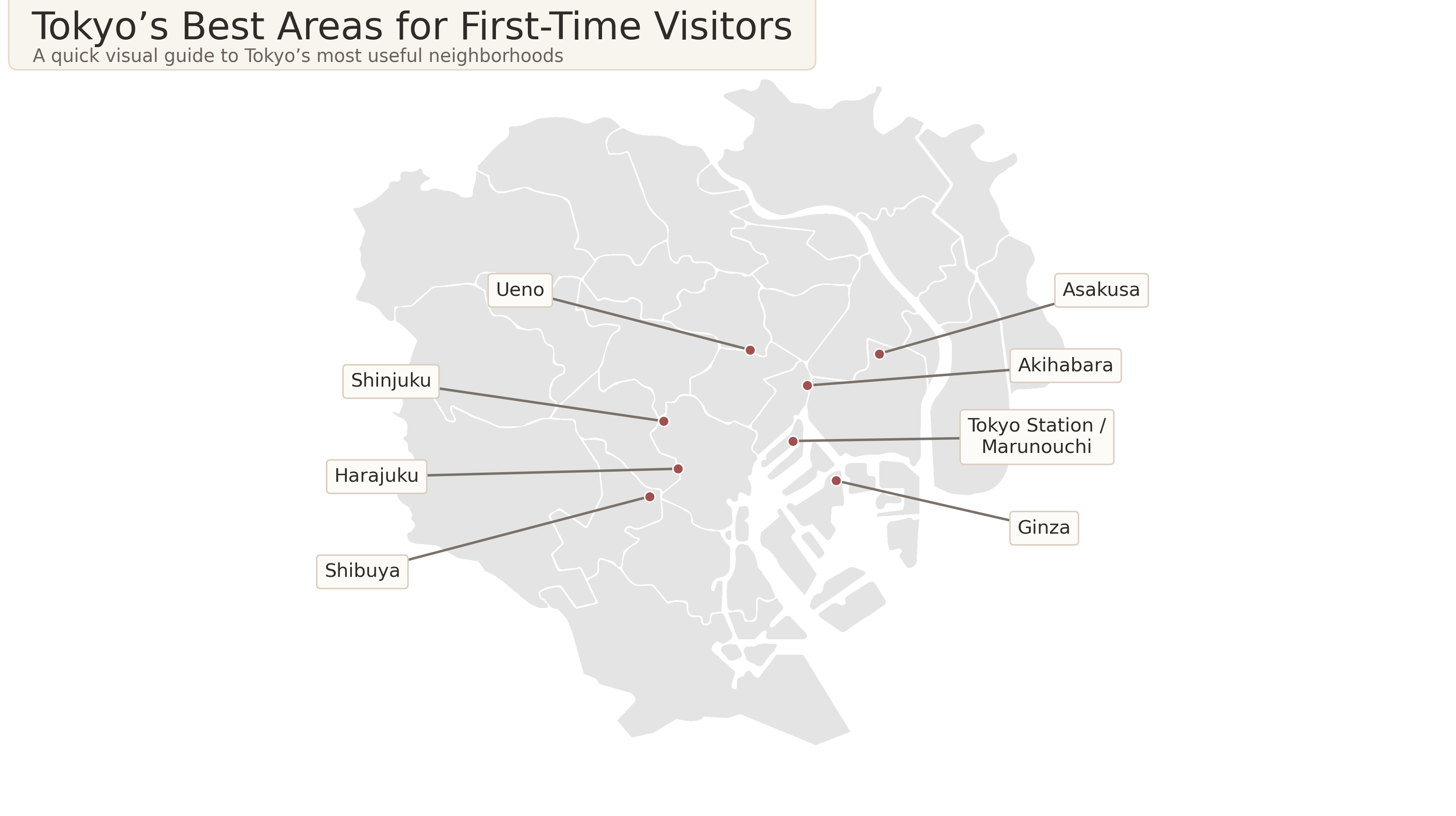 Map of Tokyo showing the best neighborhoods for first-time visitors, including Shinjuku, Shibuya, Harajuku, Asakusa, Ueno, Akihabara, Ginza, and Tokyo Station