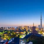 Tokyo skyline at night with Senso-ji Temple and Tokyo Skytree