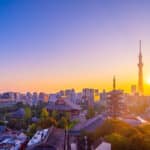 Senso-ji Temple and Tokyo Skytree at sunset with city skyline
