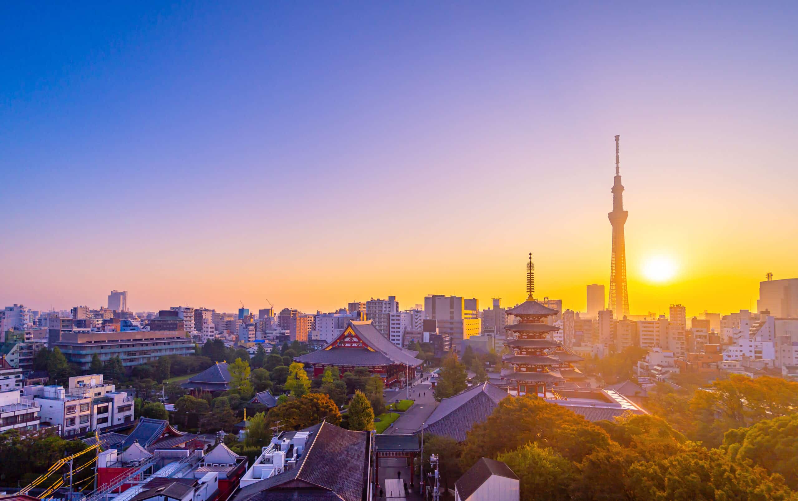 Senso-ji Temple and Tokyo Skytree at sunset with city skyline
